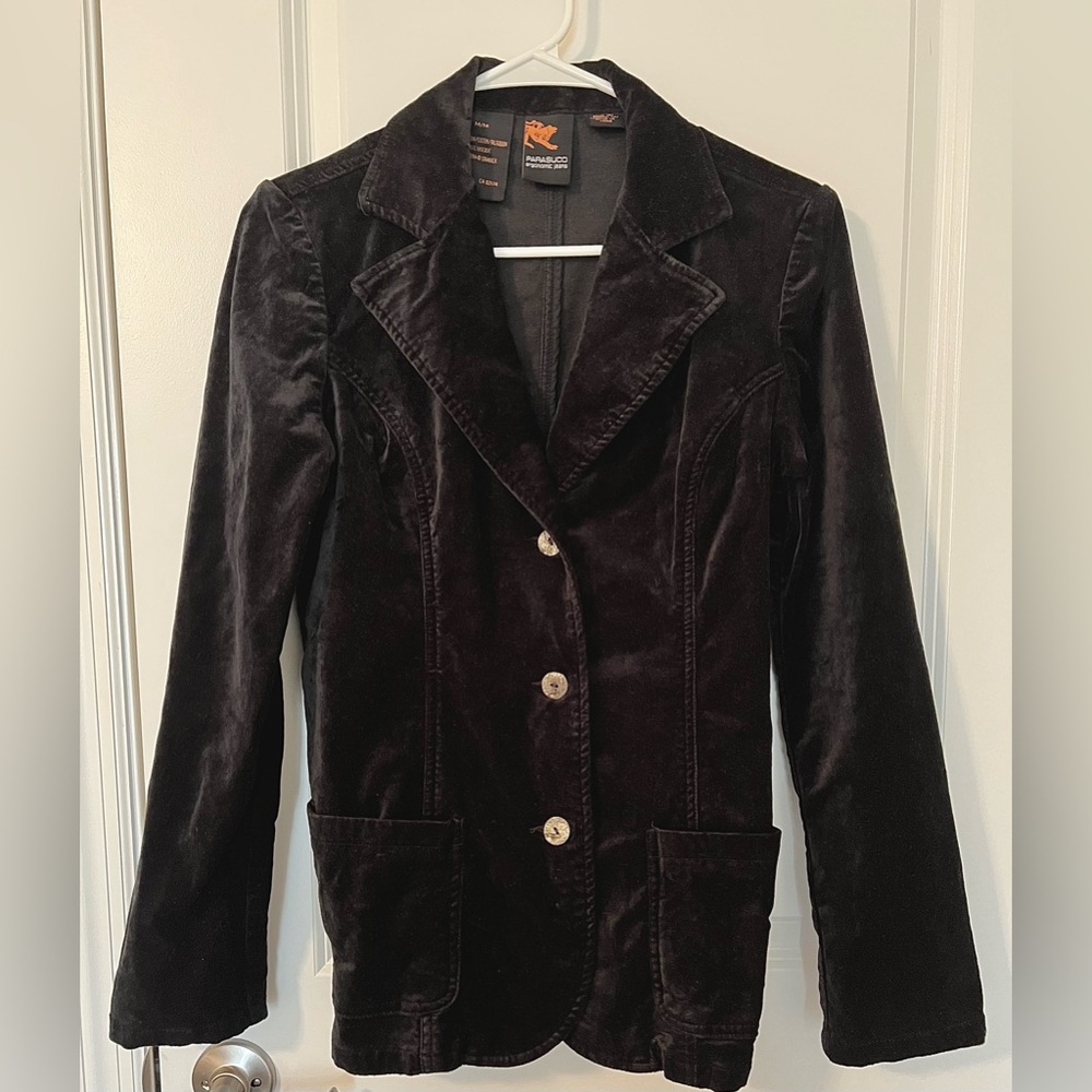 Parasuco Women’s Vintage Black Velvet Blazer Front Pockets Button Down Size M
